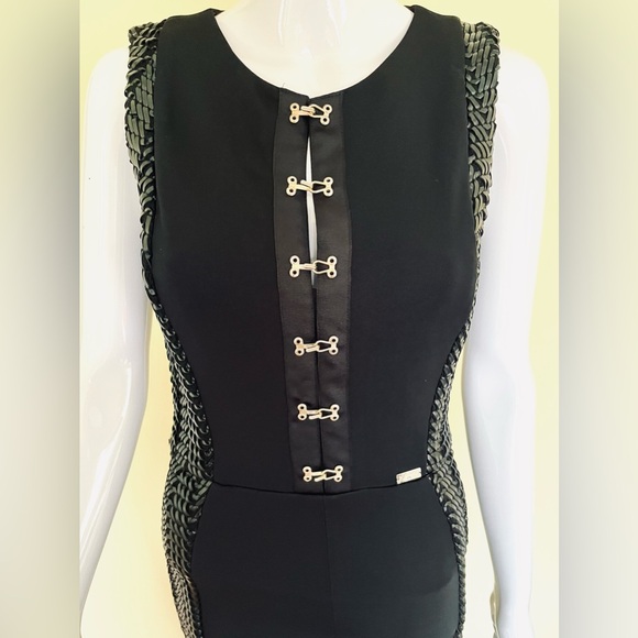 Euroka black pencil dress gold metal hook & eye front braided leather accent US4 - Picture 2 of 16